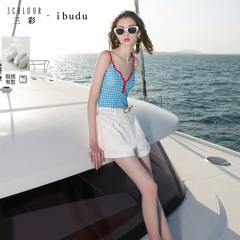 三彩ibudu2025夏季新款宽松收腰牛仔裤显瘦阔腿翻边短裤女