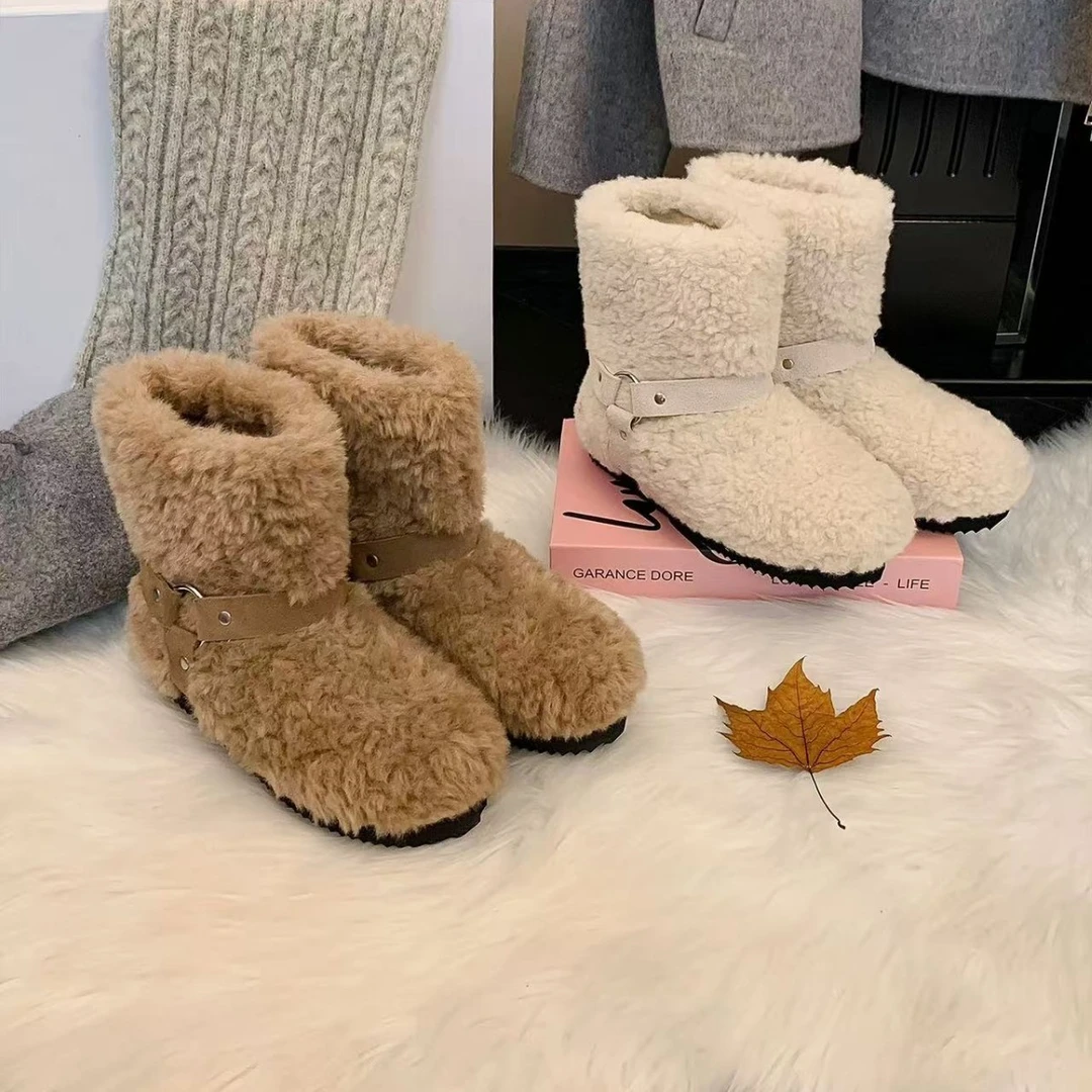 2025韩版冬季圆头舒适羊羔绒雪地靴时尚百搭软底加绒保暖毛毛靴子