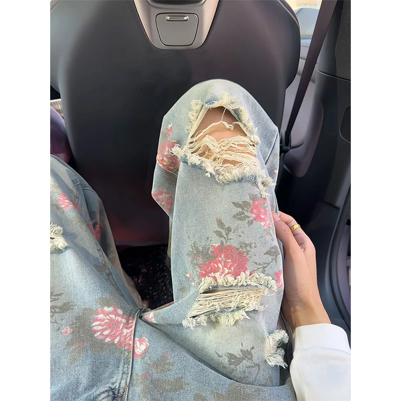 玫瑰破洞印花牛仔裤男夏季痞帅高级感直筒乞丐裤子美式微喇休闲裤