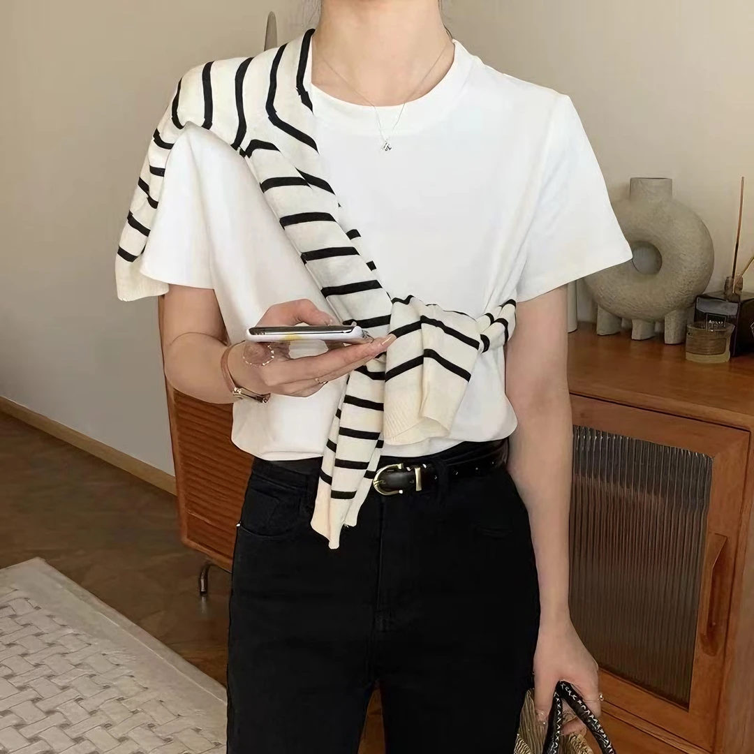 新疆棉正肩短袖T恤女2025新款夏季显瘦内搭潮流减龄设计百搭上衣