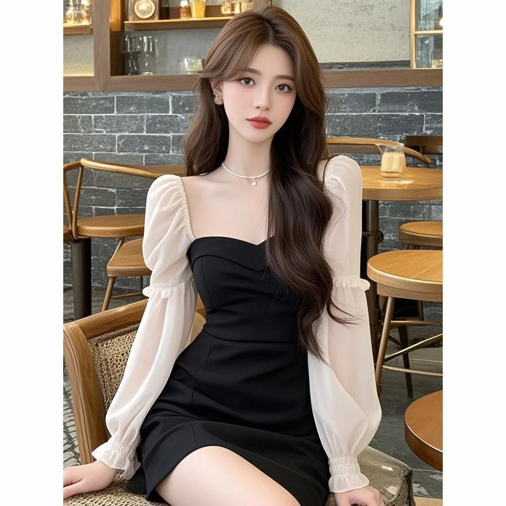 法式名媛风撞色方领网纱长袖连衣裙女气质高级感收腰显瘦包臀短裙