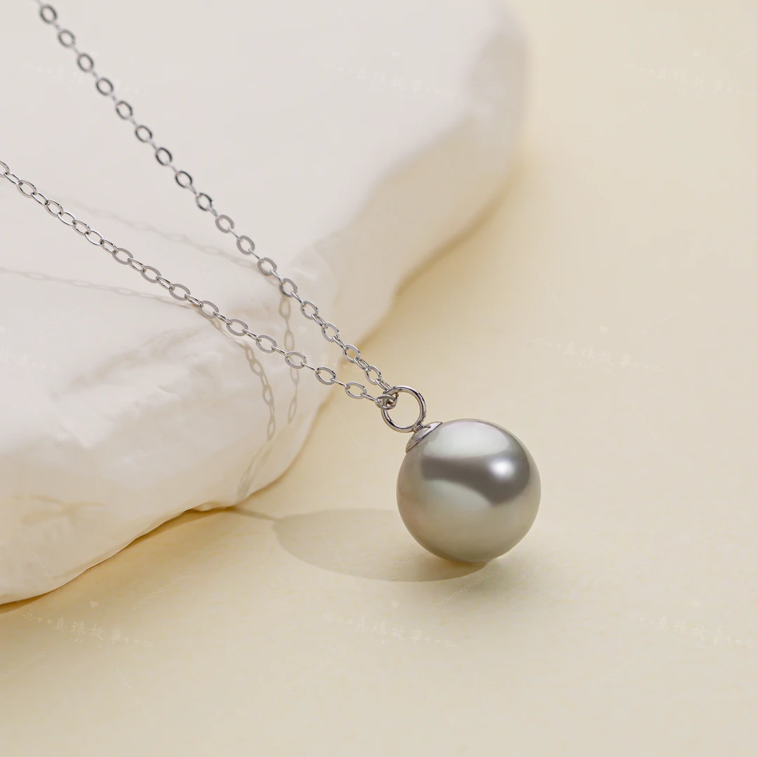 【暗夜雪】海水澳灰吊坠 10-11mm 18k金 （含银链）D71