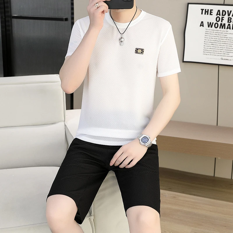 高档冰丝短袖短裤套装男士夏季新款时尚套装潮流帅男休闲运动套装