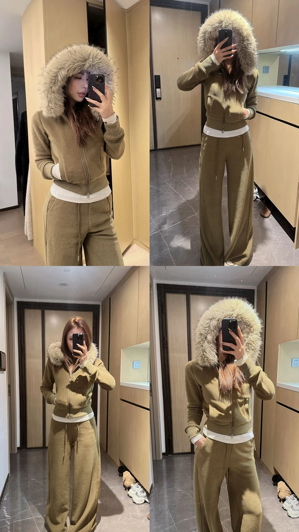加绒加厚2025新款高端环保毛领秋冬季连帽开衫休闲裤时尚加厚套装