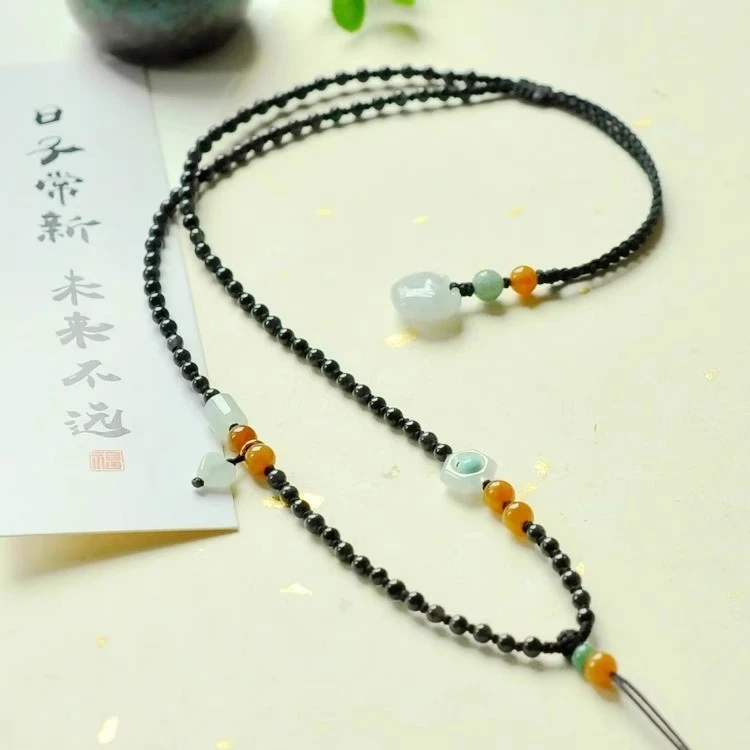 保真正品天然缅甸A货翡翠吊坠挂绳冰润乌鸡米珠手编调节项链挂绳