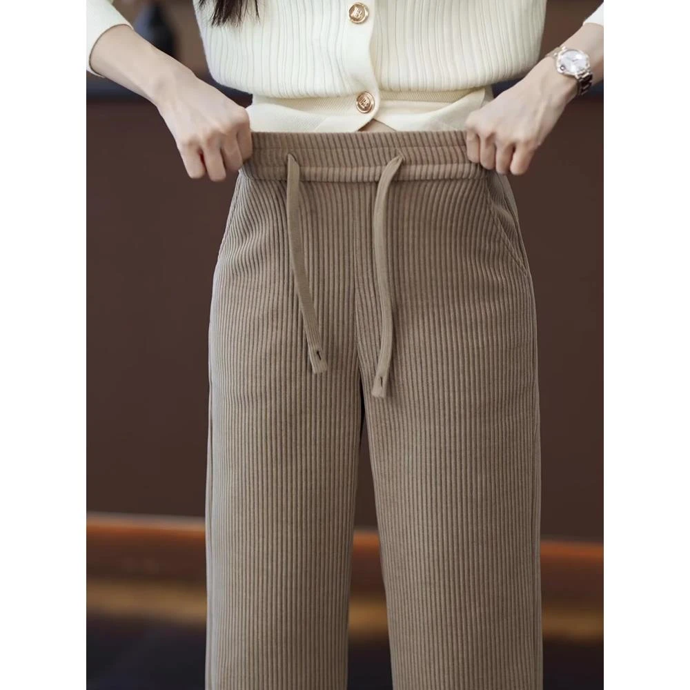 加绒加厚雪尼尔窄版阔腿裤女2025新款春秋冬高腰显瘦灯芯绒直筒裤