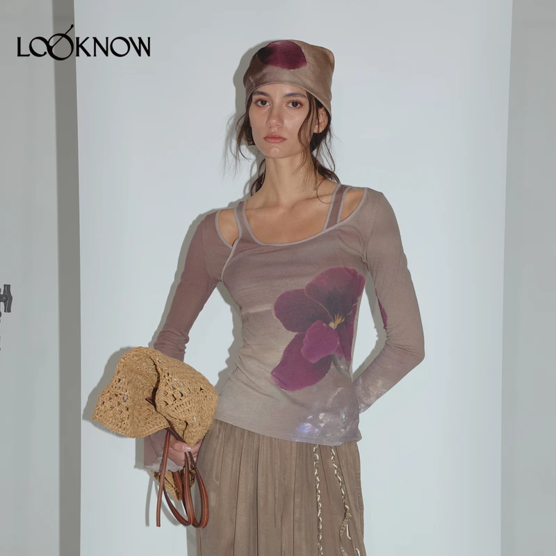 IF BY LAND设计师品牌LOOKNOW2025年春季新款小花假两件长袖T恤