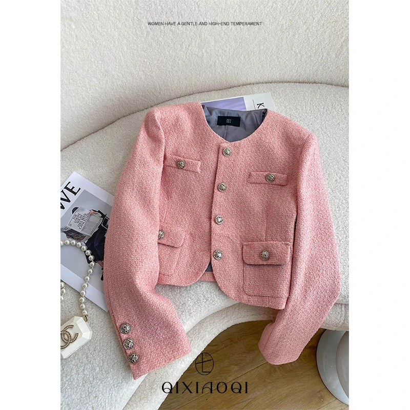 七小七Sicily 法式粉色小香风圆领短外套女时尚上衣