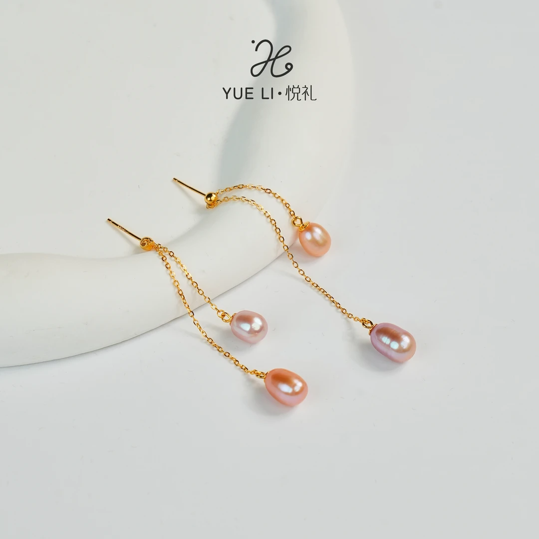 【悦礼】淡水无核炫彩水滴形双珠6-8mm耳线 S925银 多样性发货发一