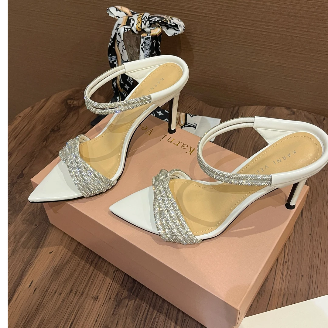2025夏季新款白色露趾尖头高跟鞋细跟凉鞋一字带水钻拖鞋外穿女鞋