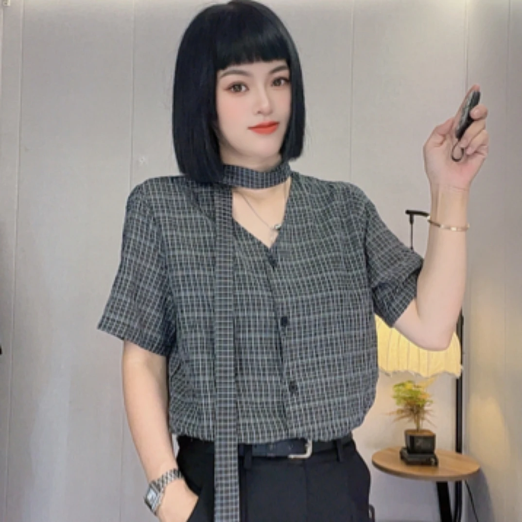 《木兮木》2025夏季时尚飘带短袖格子衬衫女装百搭洋气气质上衣