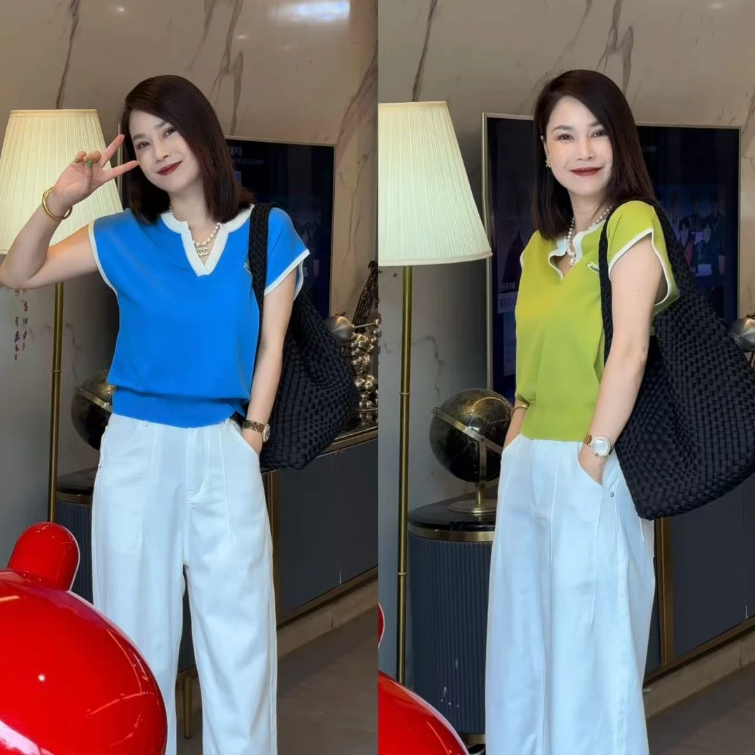 8293薄款短袖V领短款毛针织衫拼接女装上衣撞色休闲修身
