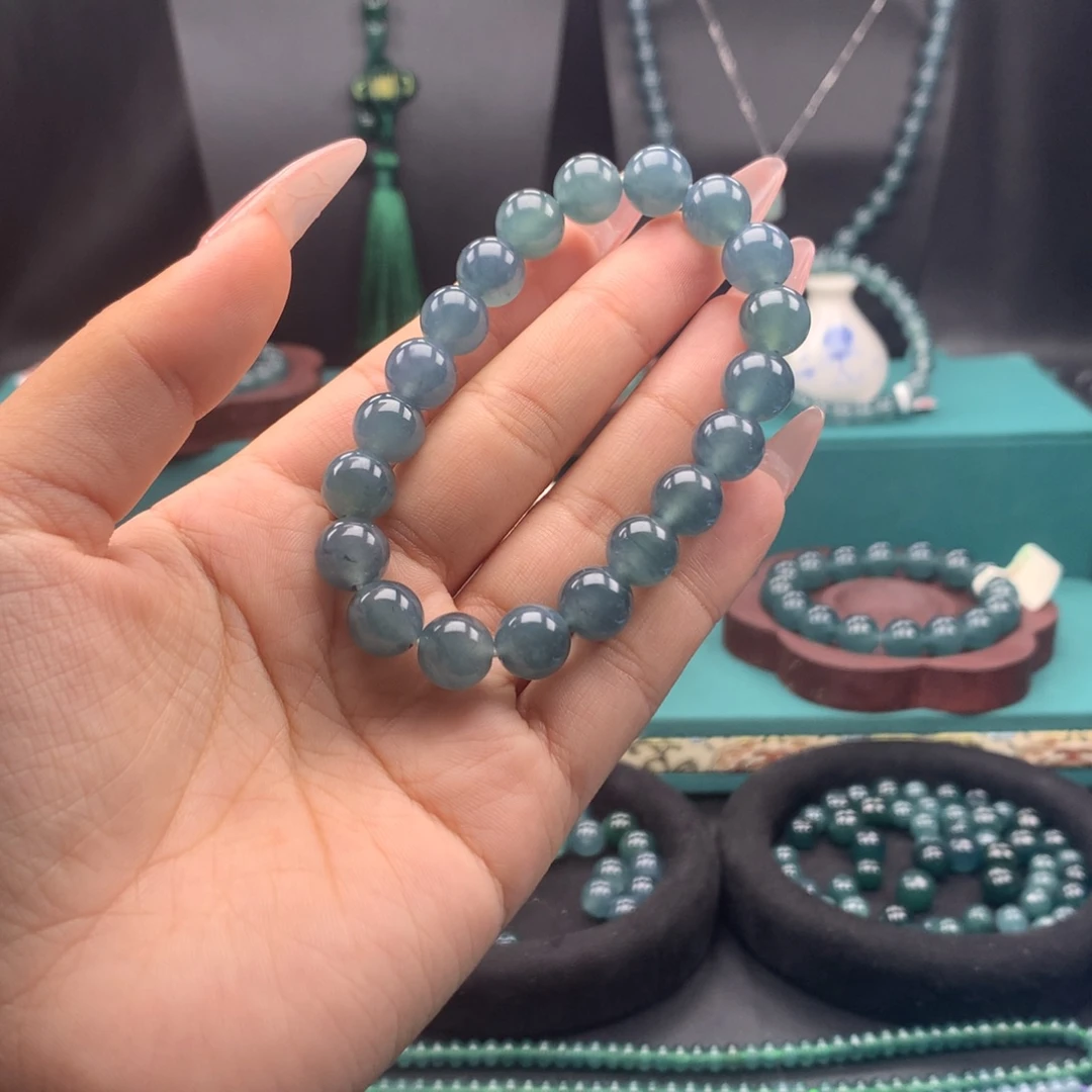 翡翠未镶嵌手链卡10mm雾霾蓝圆珠