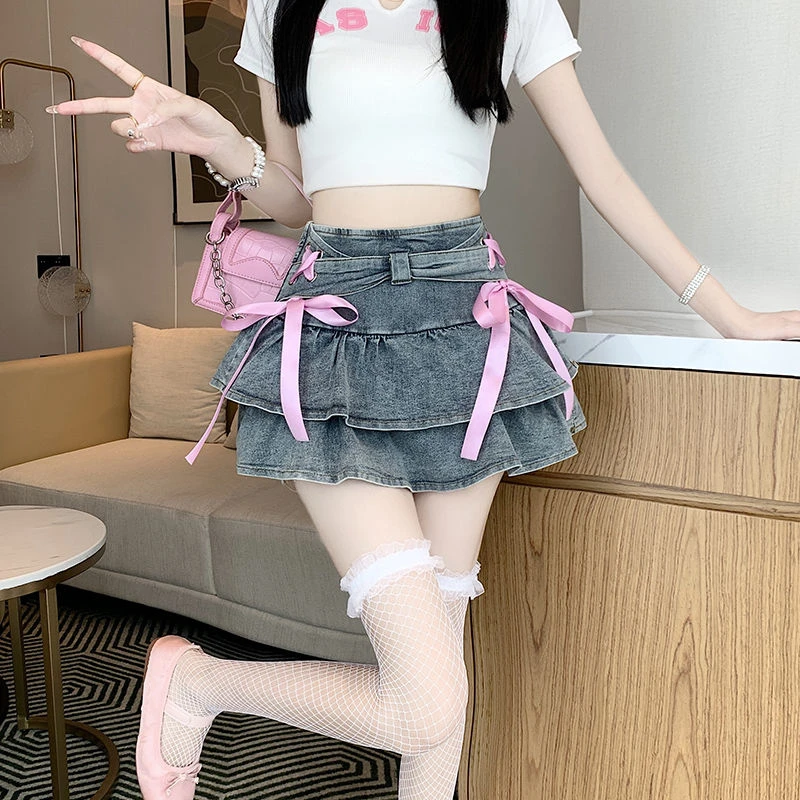 港风少女蝴蝶结高腰防走光牛仔半身裙女2025夏季花苞蛋糕a字裙