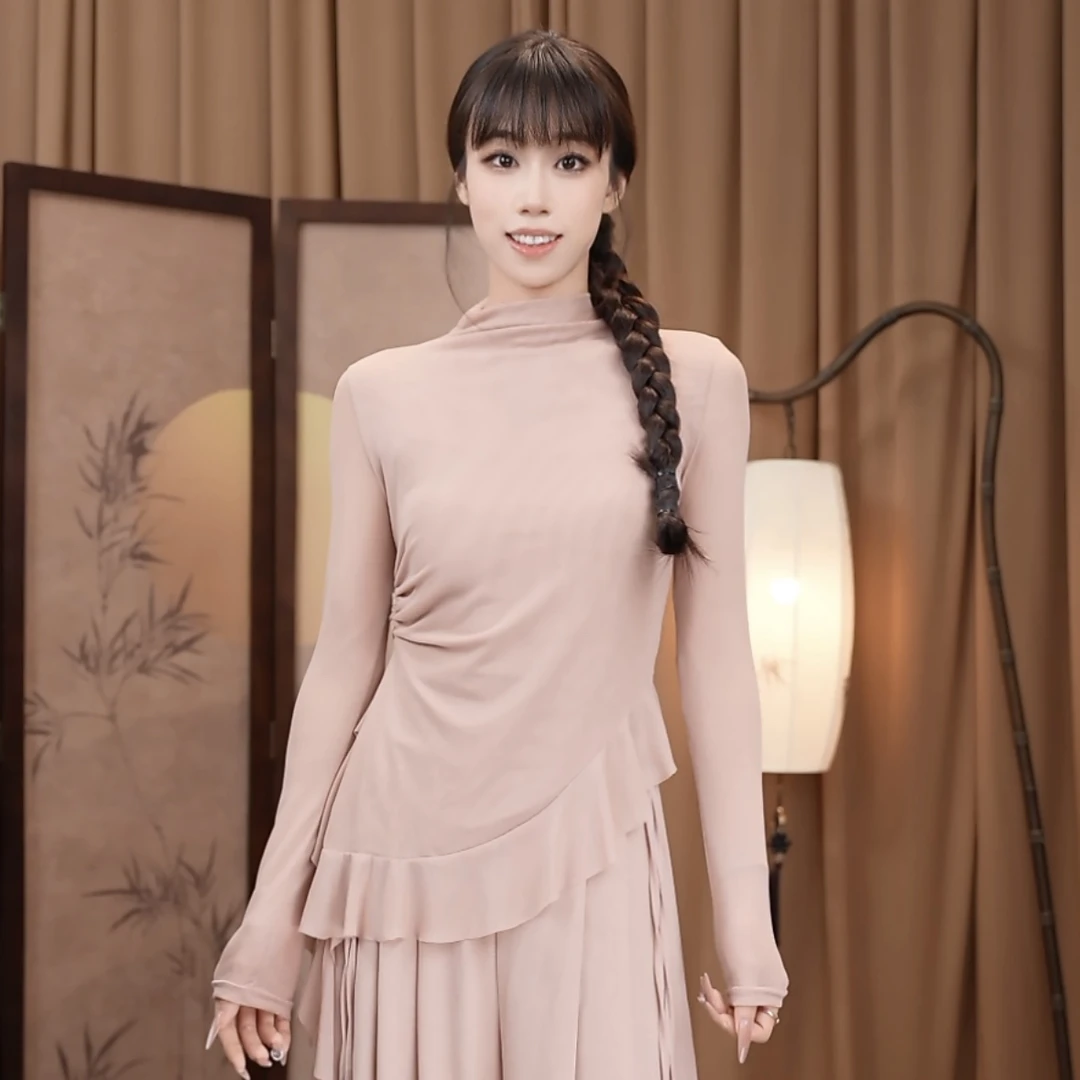 水纱荷叶摆高领上衣修身舞蹈服瑜伽练功普拉提