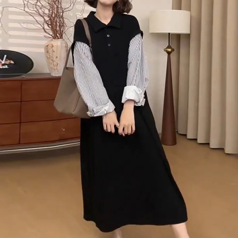 韩系拼接条纹长袖连衣裙2025新款高级感轻奢显瘦polo领设计中长裙