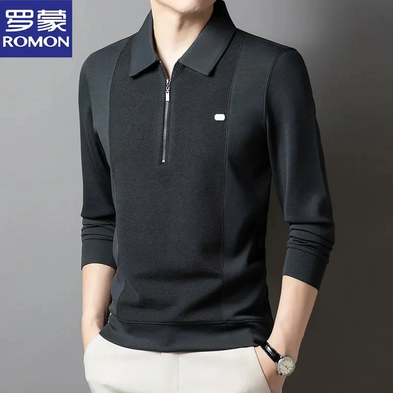 罗蒙春秋季中年男士拉链polo衫商务休闲高档百搭T恤长袖打底衫男