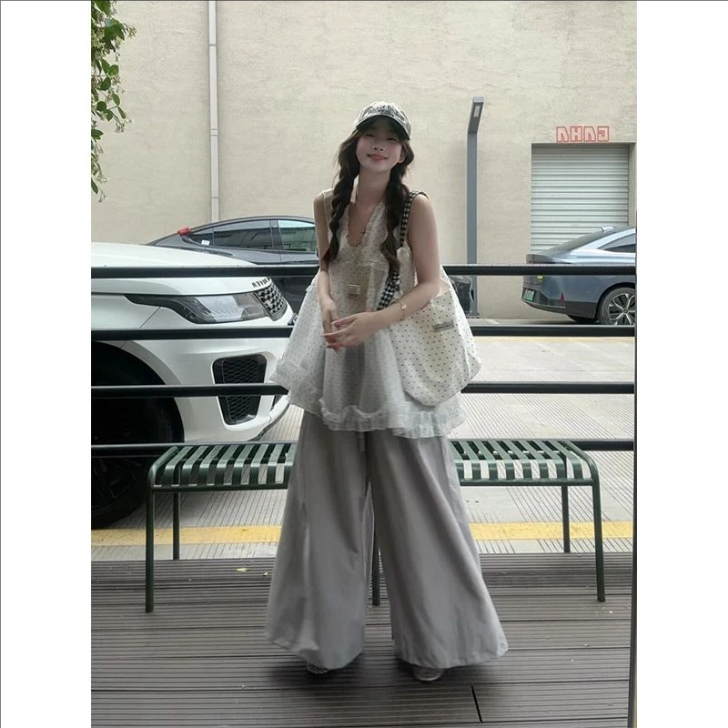 2025新款女士春夏季慵懒风休闲宽松无袖衬衫上衣高腰休闲阔腿裤