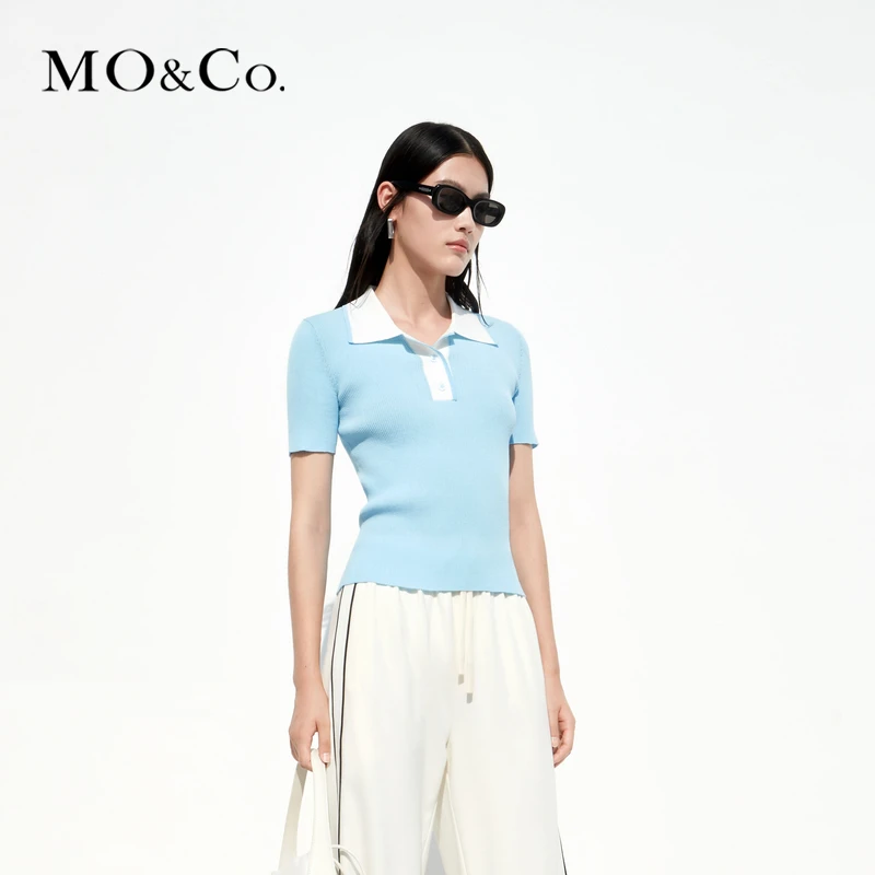 【达播用链接】MOCO撞色POLO领短袖修身针织衫法式MBC2SWTT04