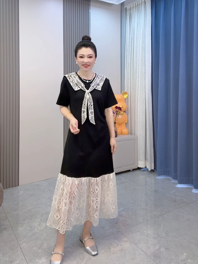 海军领正肩连衣裙女2025夏新款大码胖mm掐腰显瘦法式蕾丝下摆长裙
