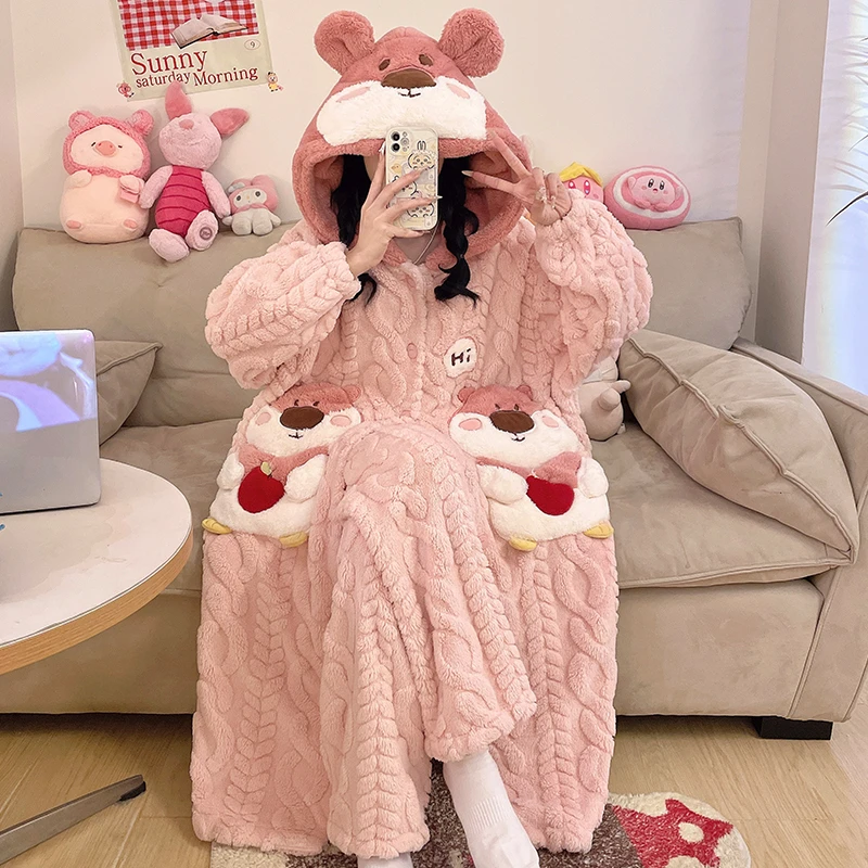 珊瑚绒睡衣女秋冬季加厚加绒可爱仓鼠睡袍浴加大码宽松家居服套装