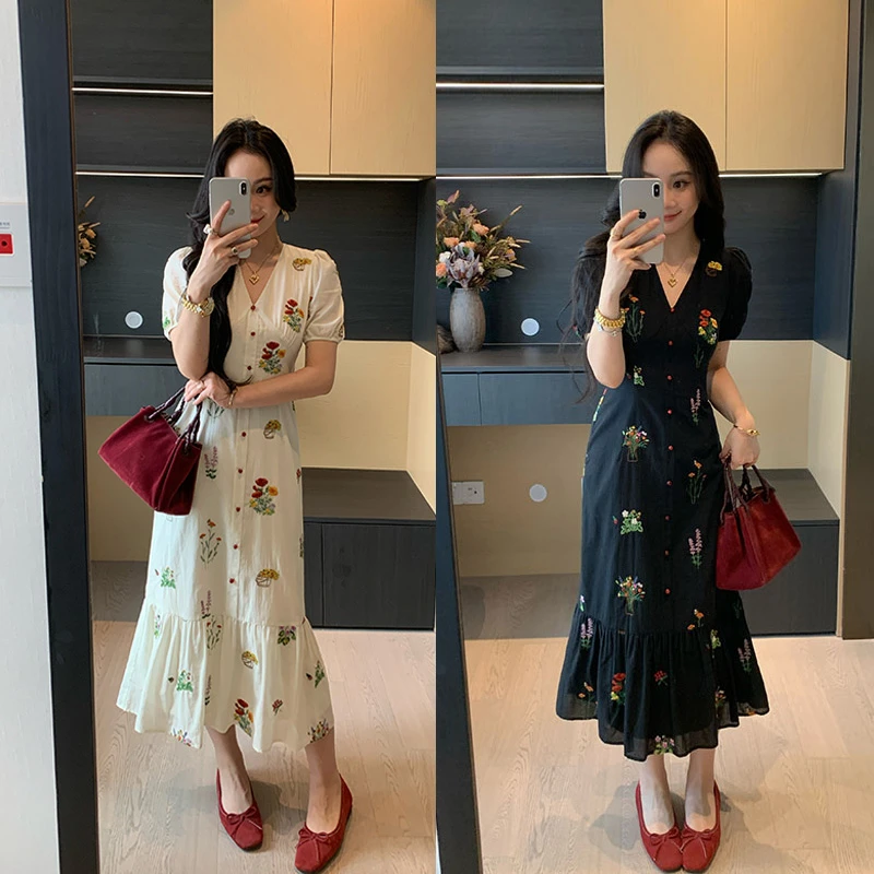 XINYI【秘密花园】夏季全棉刺绣连衣裙收腰显瘦气质裙X625Q05500