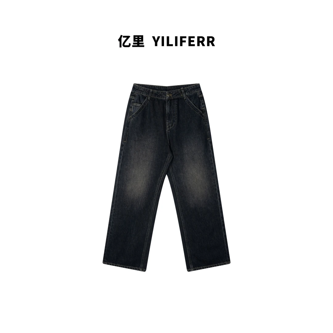 水洗黑牛直筒宽松牛仔裤 Y0300