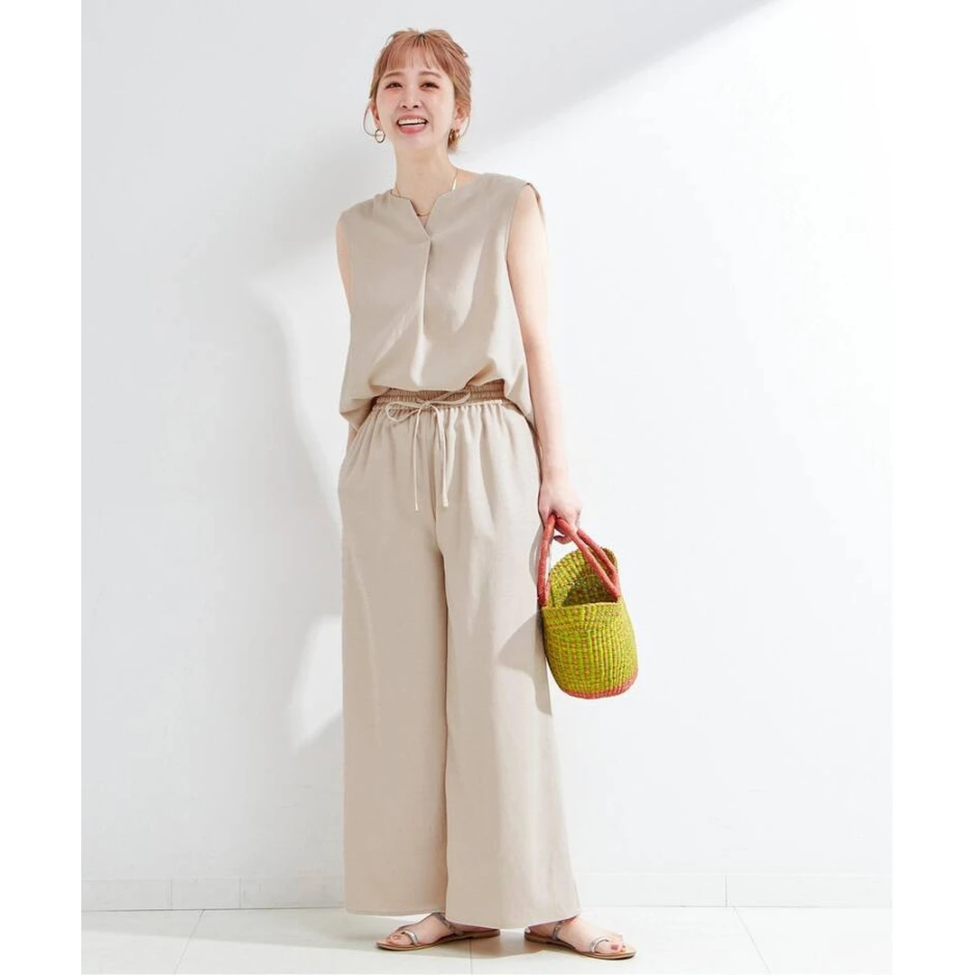 【胖虎家】夏季新款B通勤舒适休闲无袖面料仿麻上衣+裤子显瘦套装