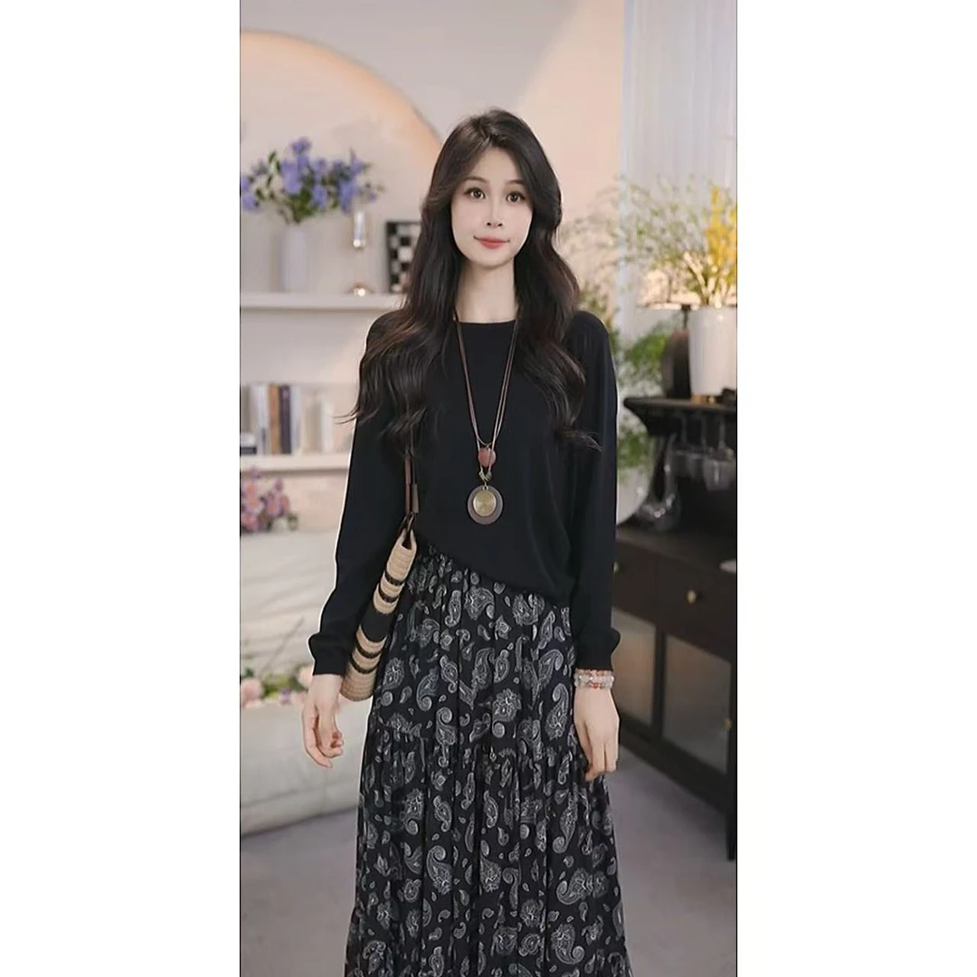 夏蝶妮慵懒风薄款莱赛尔上衣气质圆领百搭黑色长袖显瘦宽松1369