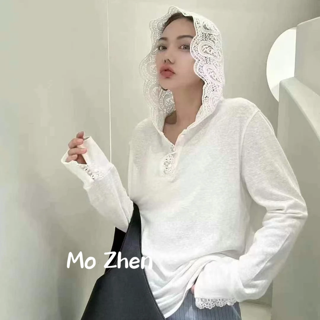 【墨臻精选】蕾丝连帽T恤打底衫百搭洋气刺绣上衣1666