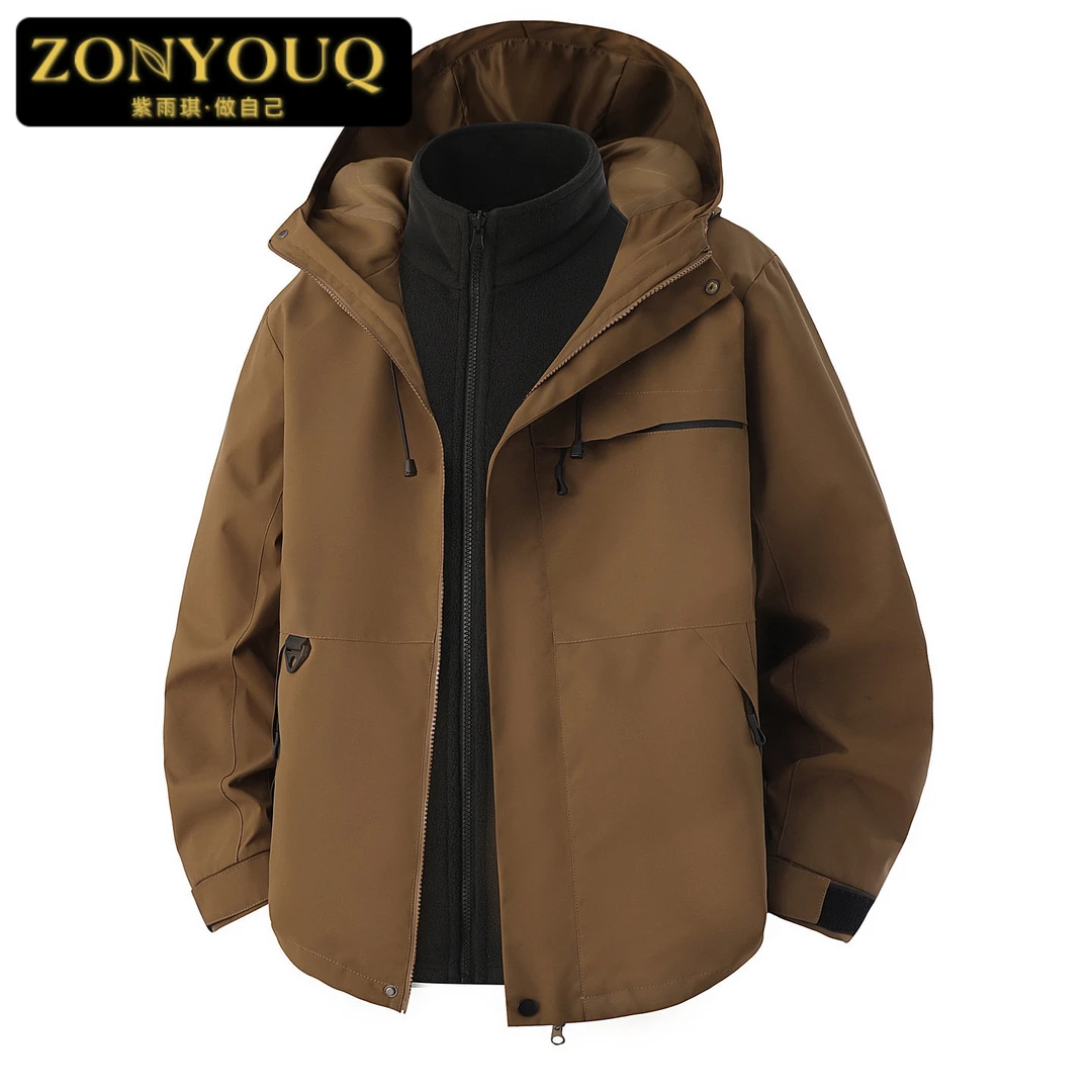 ZONYOUQ秋冬冲锋衣男士夹克户外旅游登山服工装可拆卸连帽外套