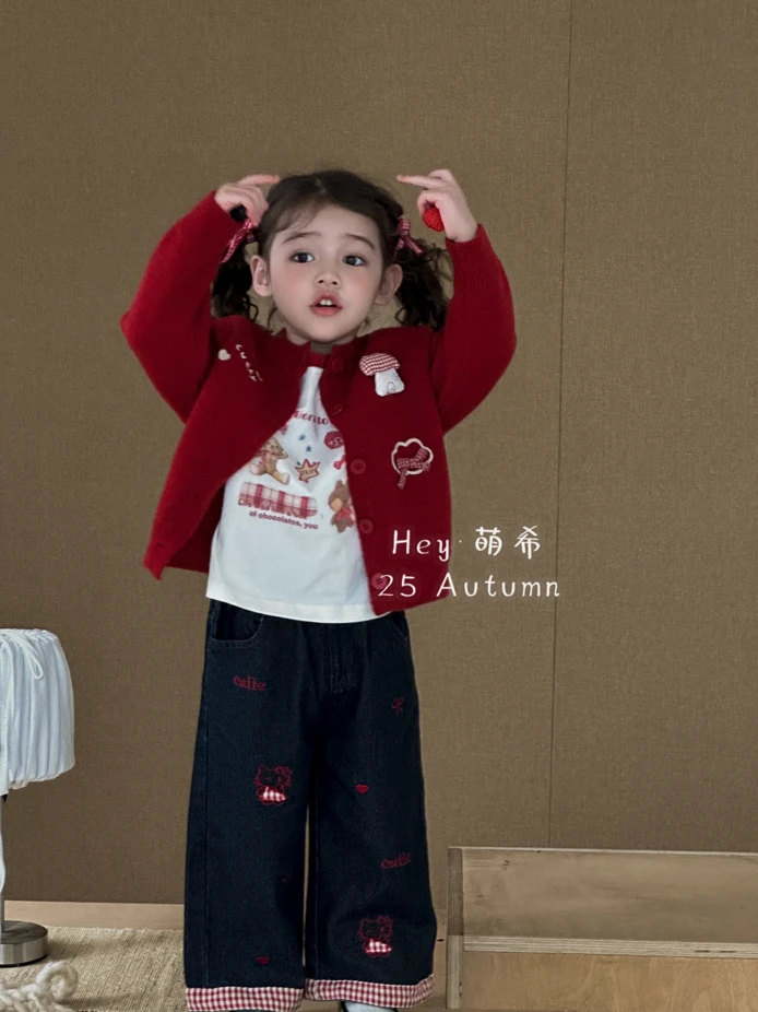 萌希合集2025秋季红色小童上衣洋气牛仔裤外套打底儿童秋冬童装