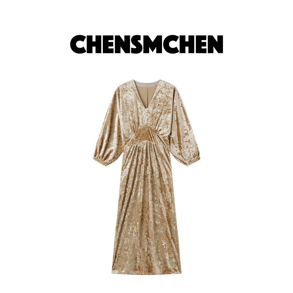 CHENSMCHEN 新中式法式高腰收腰连衣裙女春秋氛围感长裙CSL1011TT