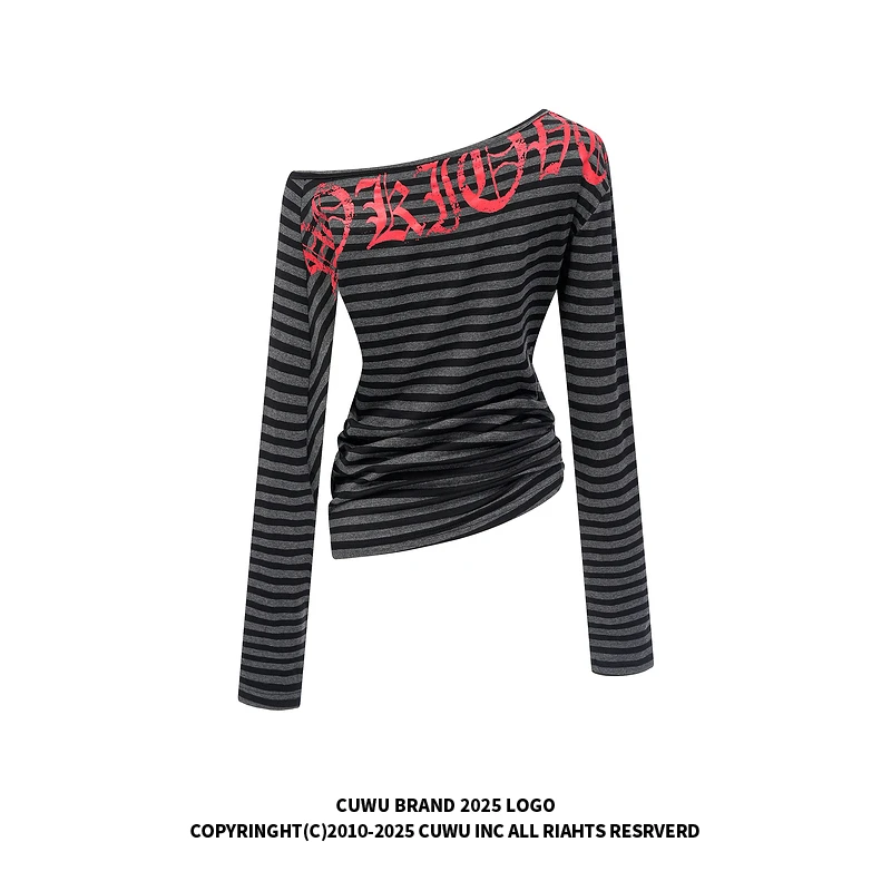 cuwu条纹轻亚风斜肩长袖T恤女秋季显瘦不规则收腰百搭辣妹上衣ins