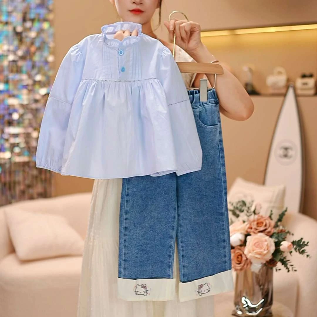 【可甜可咸】韩系童装2025春秋新款儿童学院风衬衫女童牛仔裤套装