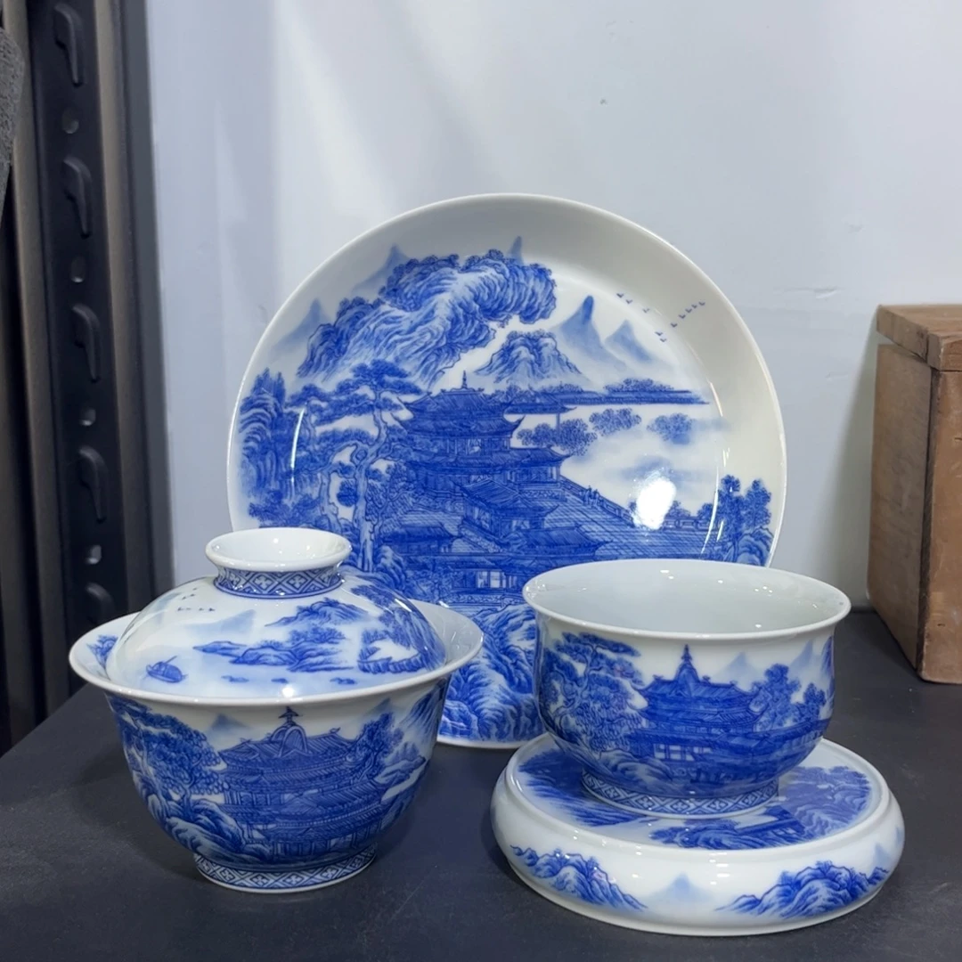 青花山水亭台楼阁四件套 可拆分