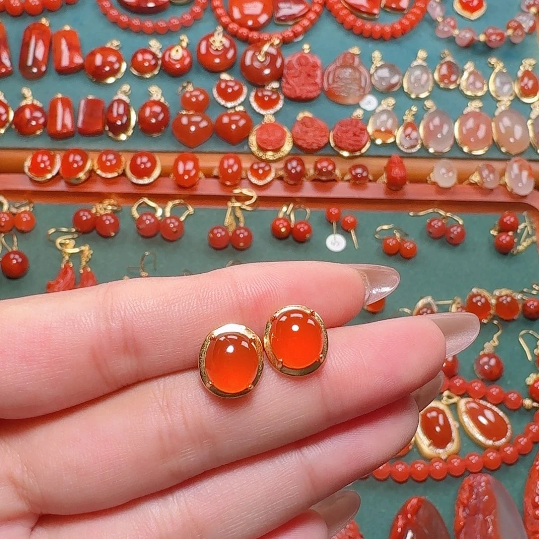 南红玛瑙银S925镶嵌耳饰