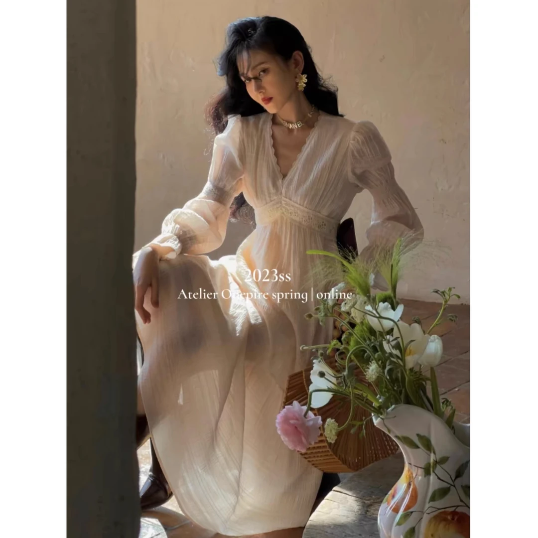 【现货】Atelier Onepire|白茶千层褶皱肌理法式花边连衣裙