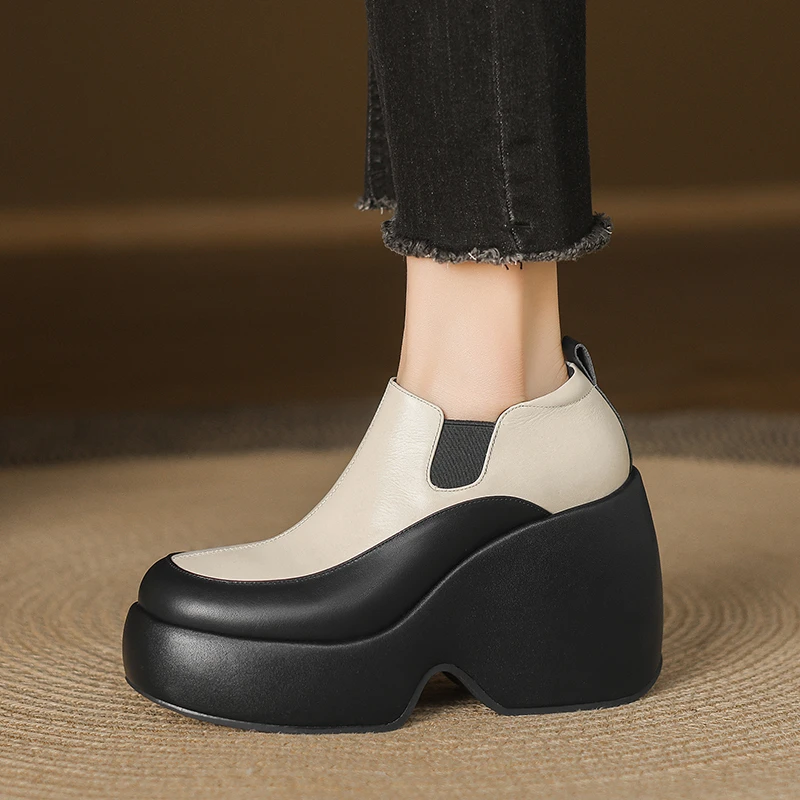 10cm手工女鞋坡跟单鞋久穿不累厚底乐福鞋小个子真皮深口高跟鞋