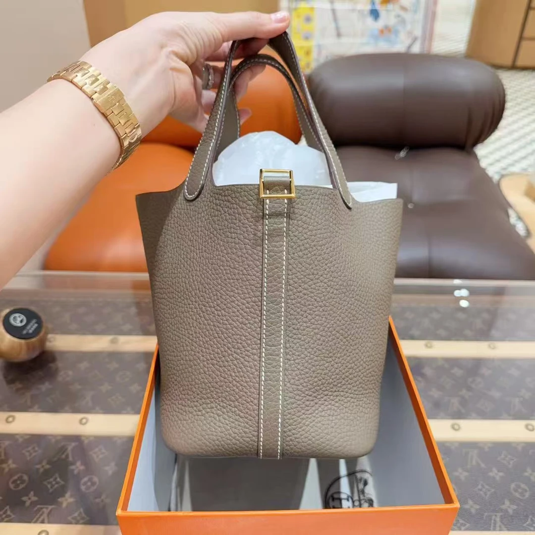 99新 Hermes/爱马仕 菜篮子水桶18 大象灰金扣   Tc皮
