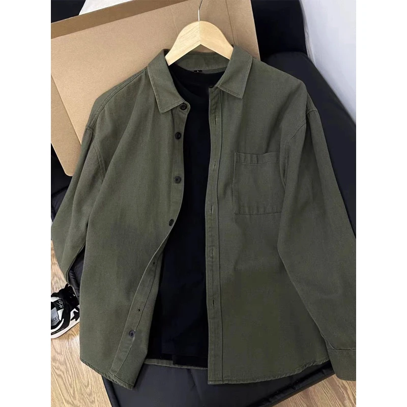 日系复古军绿色纯棉工装长袖衬衫男女春夏季叠穿内搭情侣衬衣外套