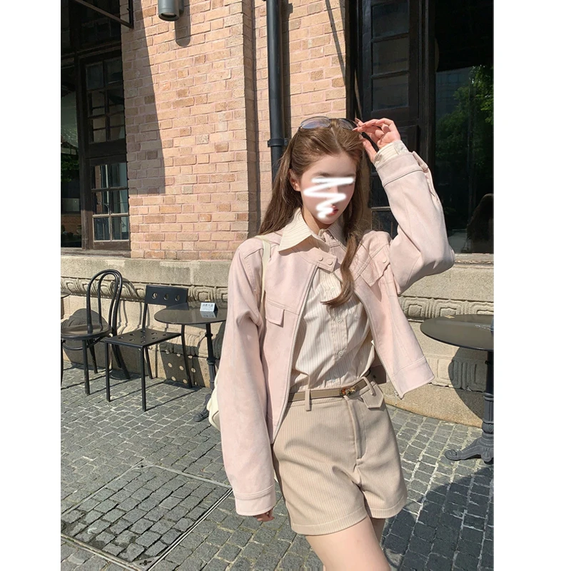 少女巴恩 复古圆领麂皮夹克外套女秋季韩系宽松休闲短款上衣