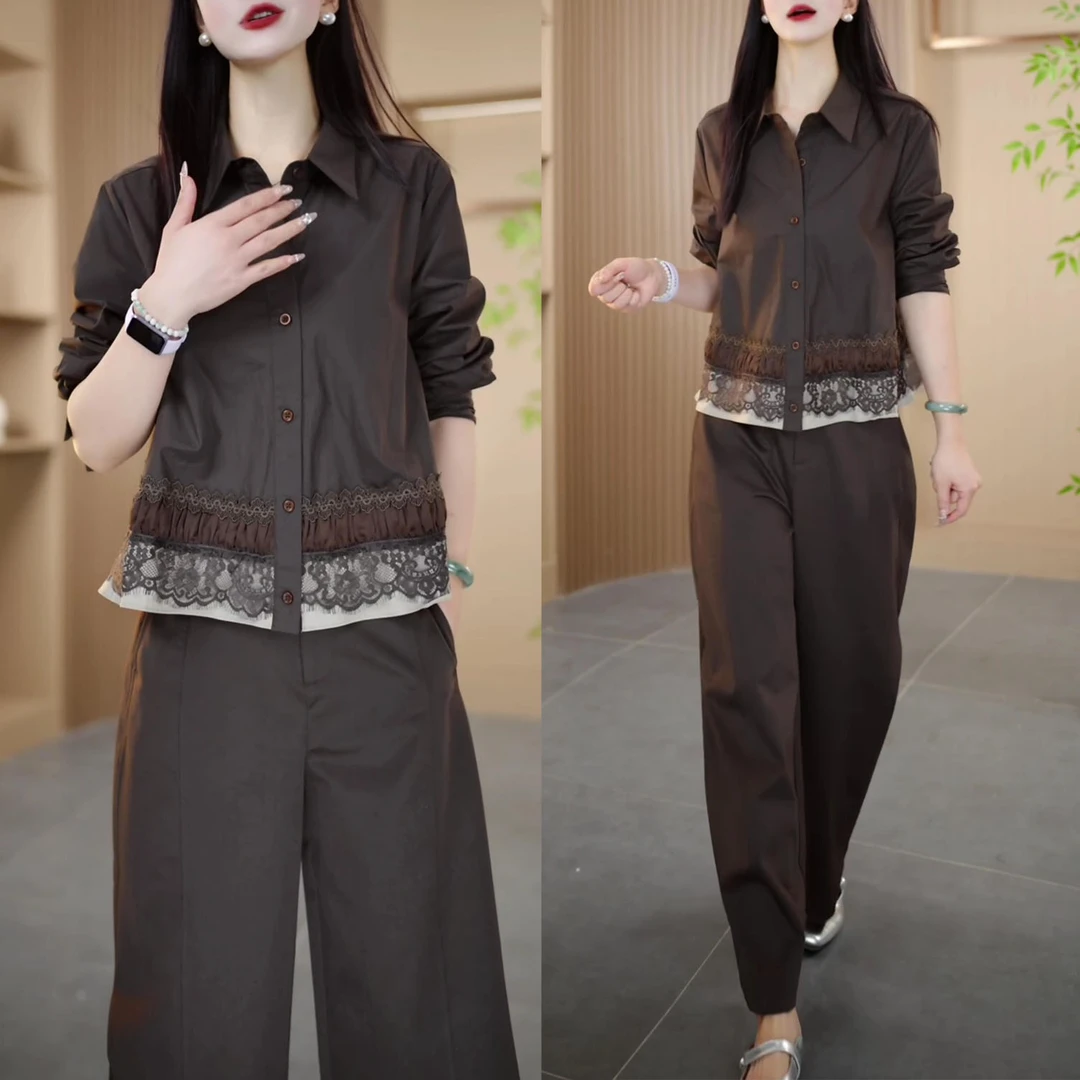 2025秋季新款蕾丝拼接通勤风两件套女时尚气质显瘦长袖上衣阔腿裤