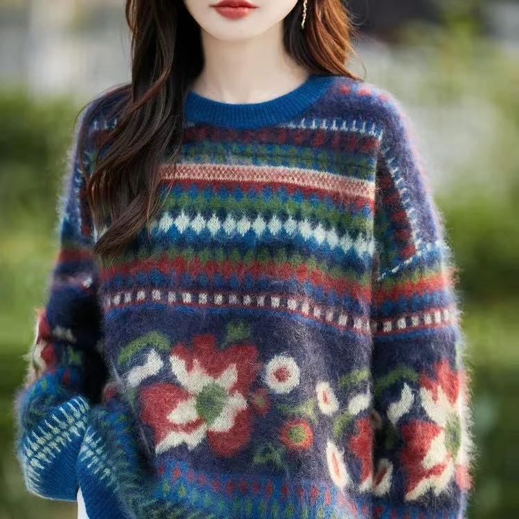 【山羊绒拉绒】慵懒风针织宽松型女提花毛针织衫套头加厚时尚条纹