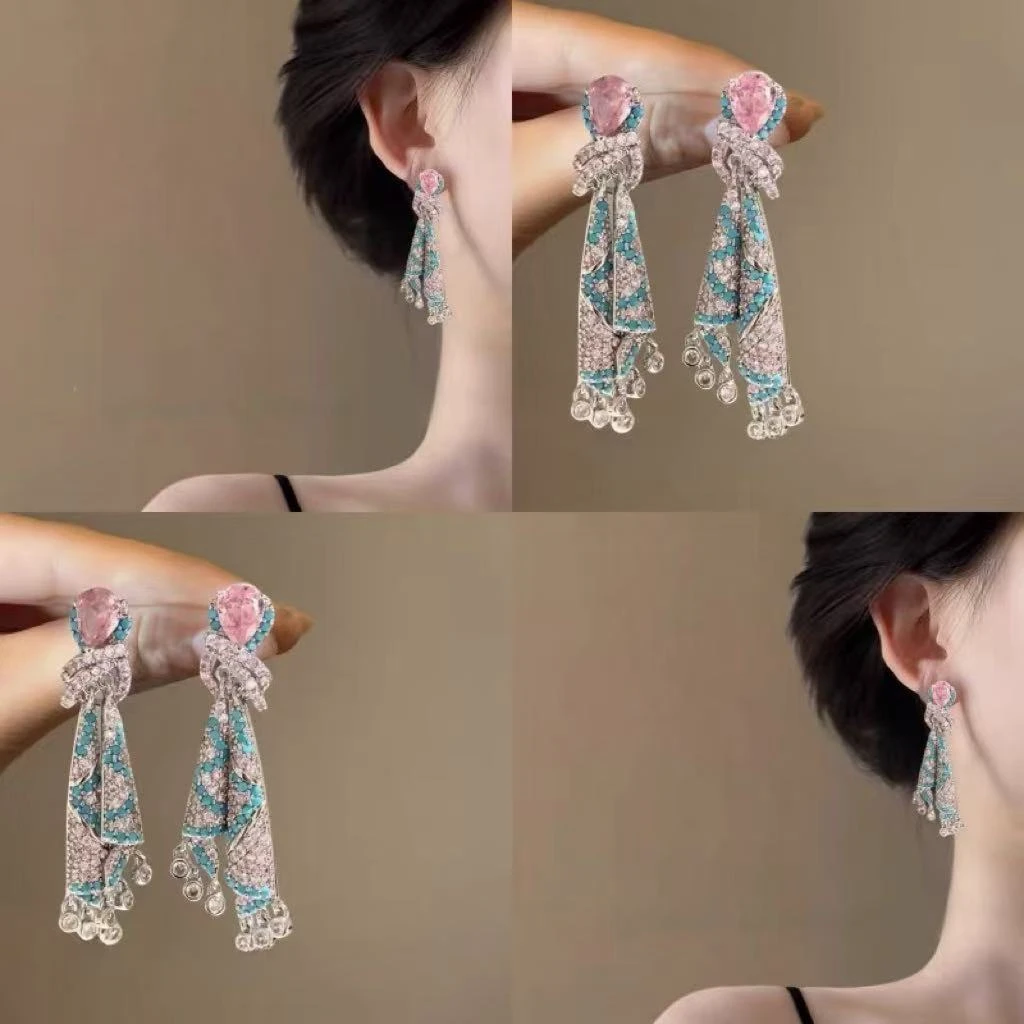 铜合金耳饰 彩色满钻耳环女轻奢小众高级感耳钉民族风流苏耳饰ins
