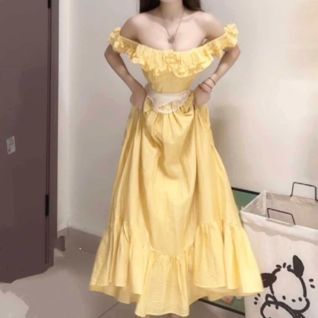 法式甜美黄色小飞袖连衣裙女夏季设计感小个子荷叶边收腰仙女长裙