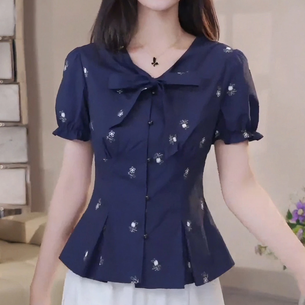 收腰木耳边短袖上衣夏季薄款胖MM大码女装纯棉法式系带蝴蝶结衬衫