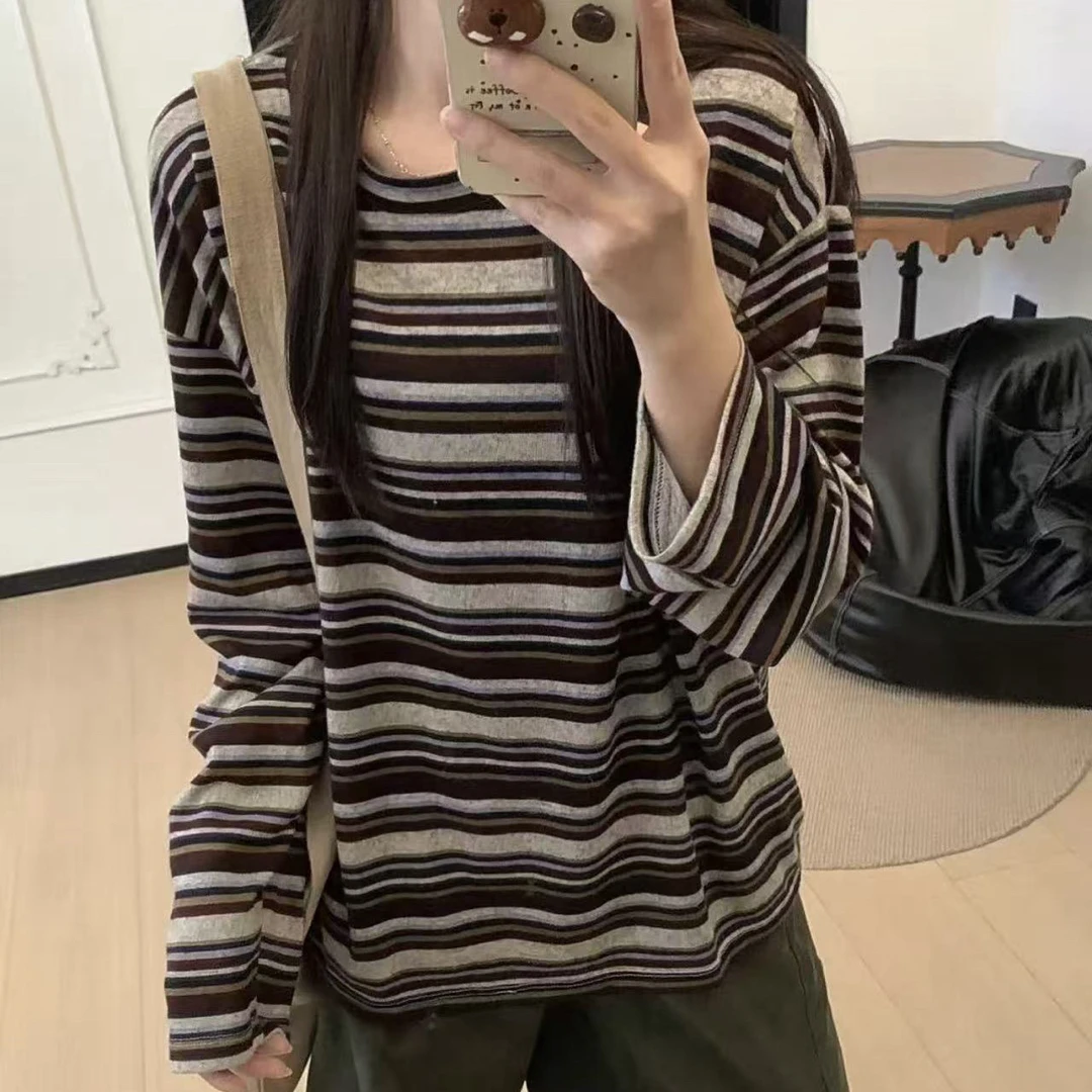 韩国东大门25年秋季 慵懒复古条纹长袖T恤女新款宽松圆领打底衫