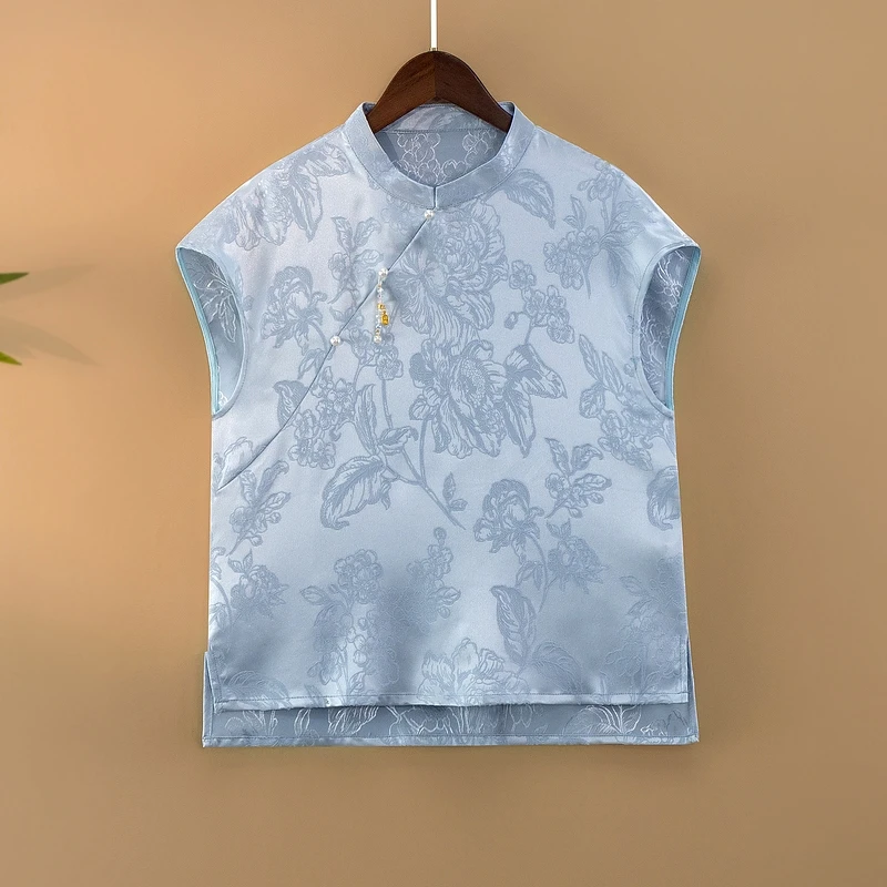 【初棠】夏季2025新款上衣小衫新中式女装国风立领提花气质短袖衬衫