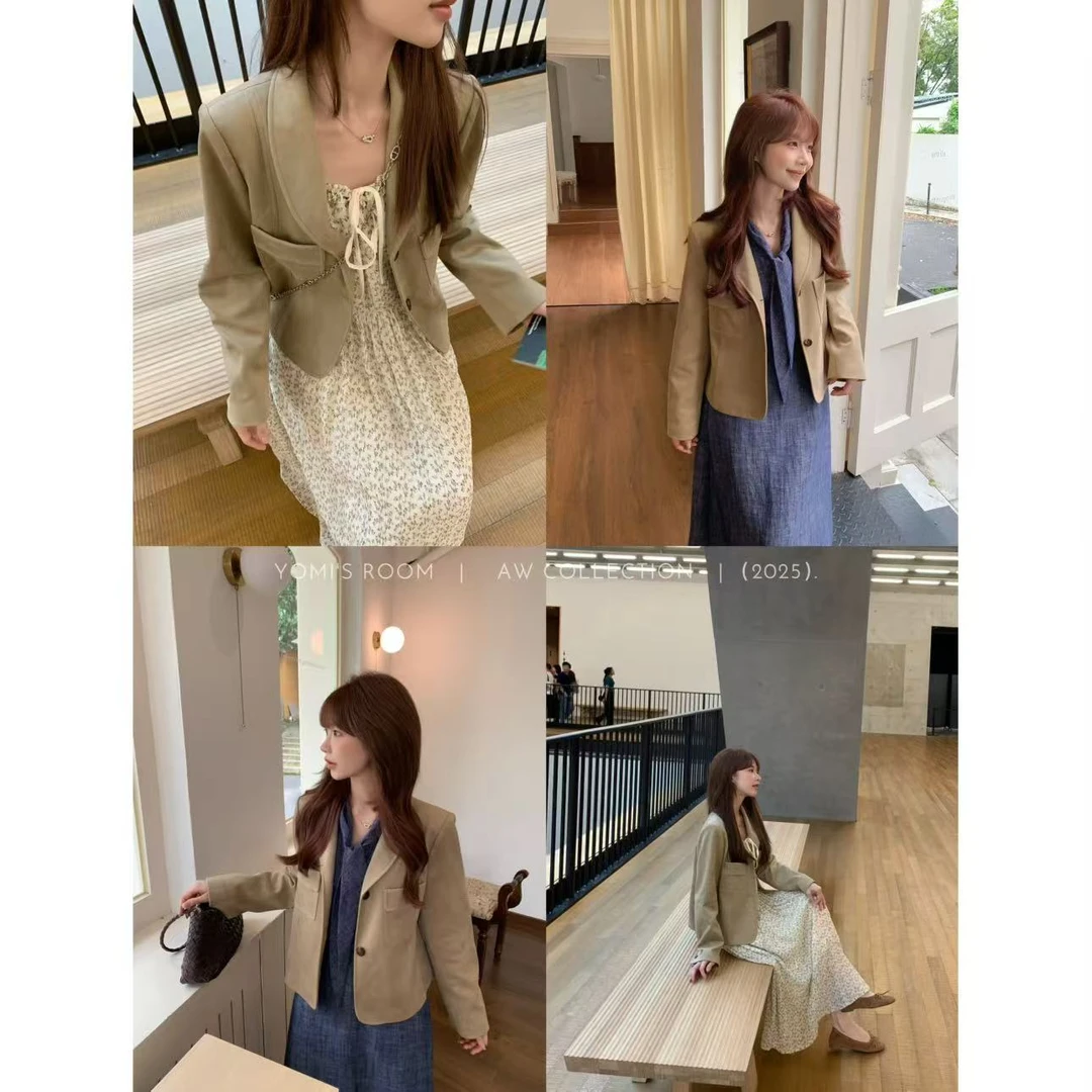 YOMI小个子【克里斯汀】仿麂皮短款西装气质时尚复古休闲外套女秋季